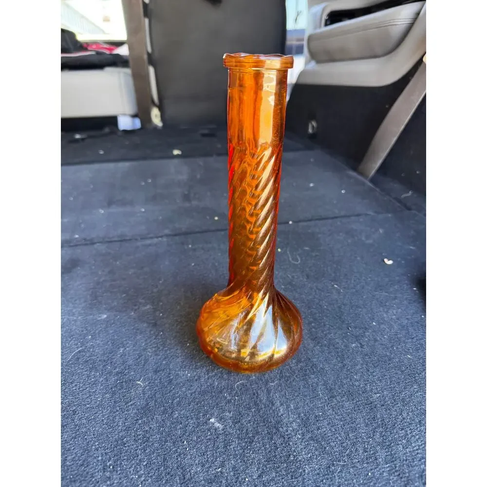 Federal Glass Company amber swirl bud vase wide base twisted neck design vintage